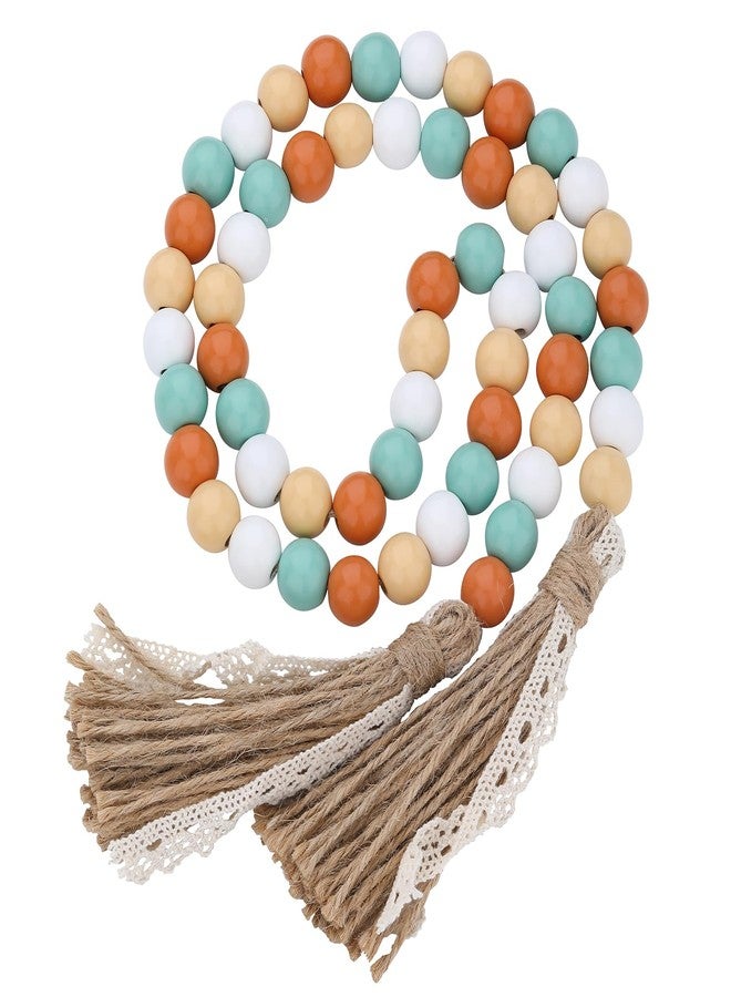 Sfoni Fall Decorations Harvest Wood Bead Garland with Tassel, Home Farmhouse Tiered Tray Decor with Jute Rope Plaid Tassel Rustic Fall Décor for Mantle Porch Door Shelf Orange White Rae Dunn Autumn Beads - Image 1